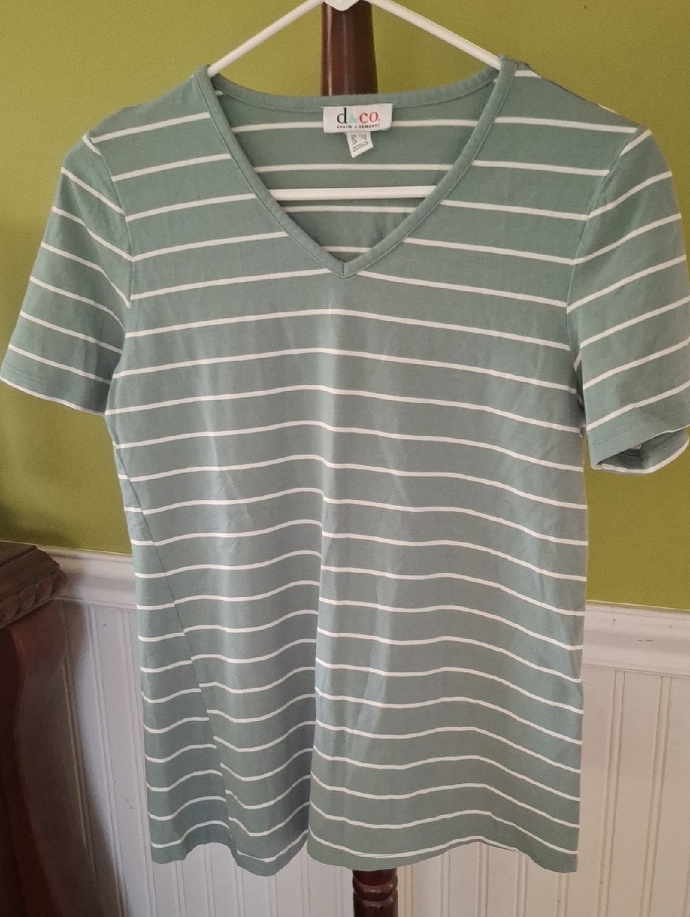 Denim&Co Green and White Striped V-Neck Short Sleeve Tee